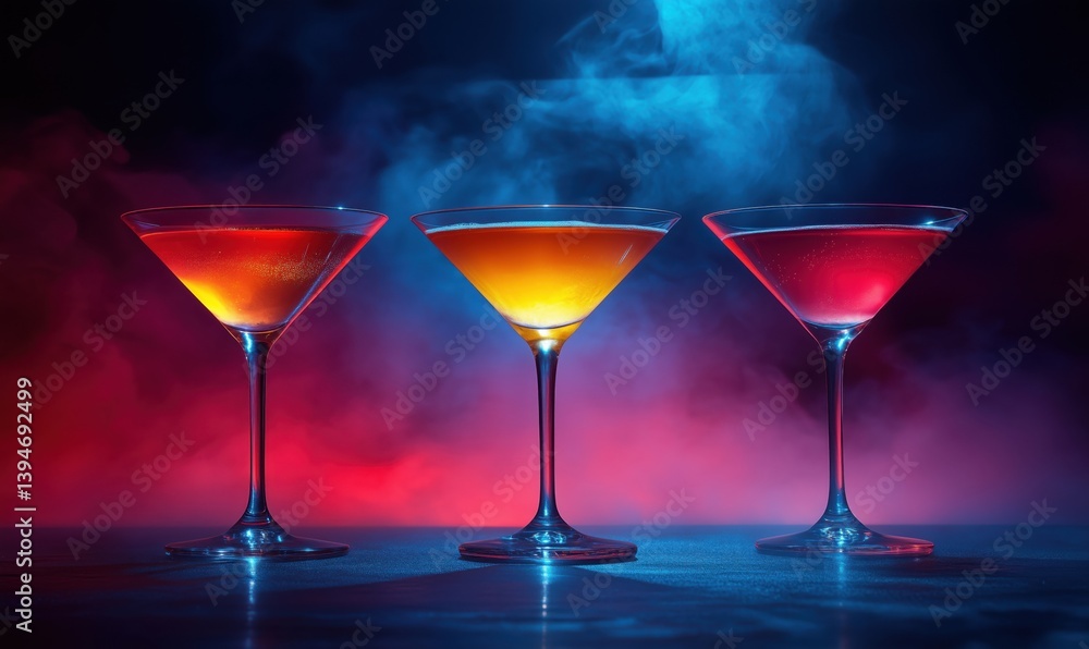 Colorful cocktails in elegant glasses with dramatic lighting and smoke effects Colorful cocktails in elegant glasses with dramatic lighting and smoke effects
