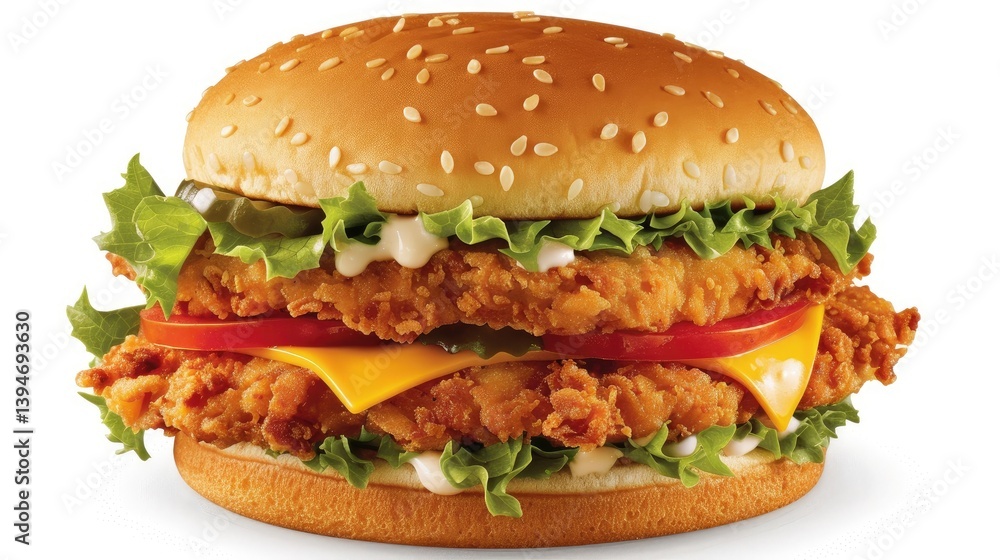 A photograph of an American cheeseburger, with a juicy beef patty, melted cheddar cheese oozing down the sides, and fresh lettuce under ripe tomato slices A photograph of an American cheeseburger, with a juicy beef patty, melted cheddar cheese oozing down the sides, and fresh lettuce under ripe tomato slices