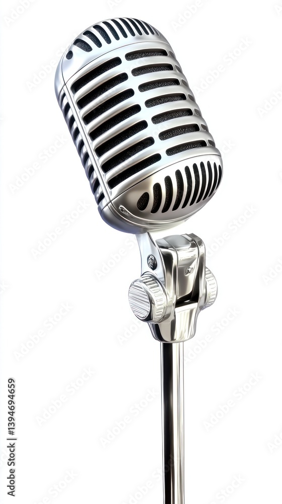 Fototapeta premium A silver karaoke microphone stands tall on a chrome base, prepared for an exciting singing session at a vibrant event with friends