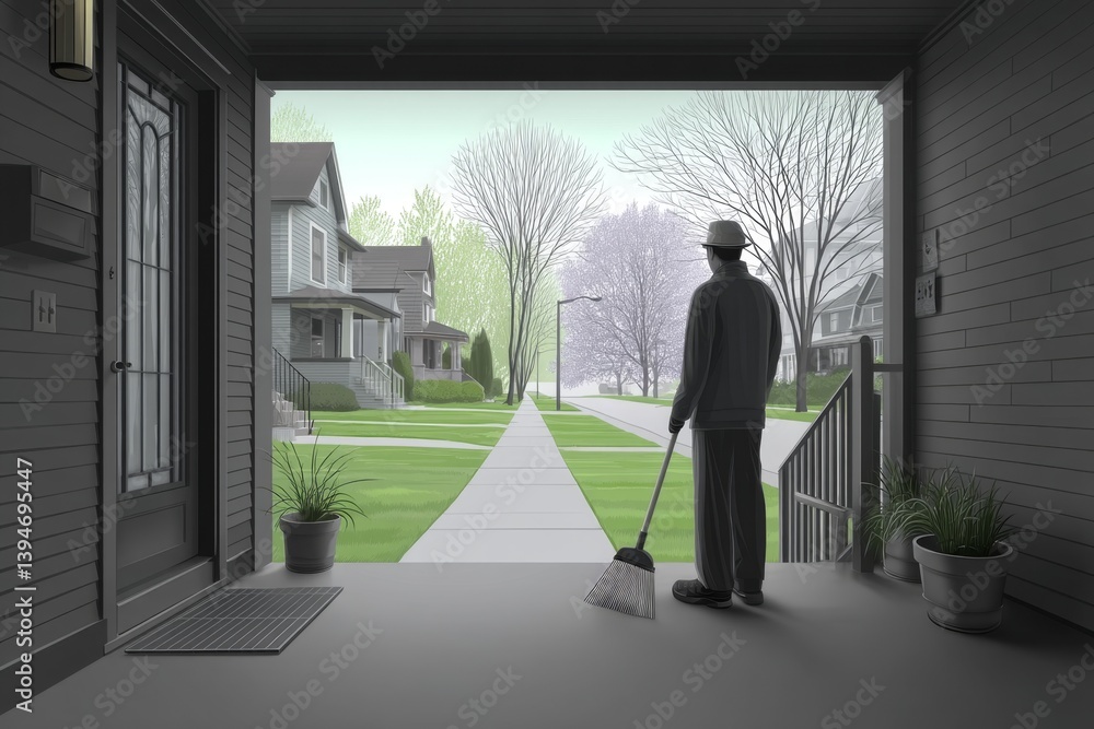 A man sweeping the front porch on a calm morning A man sweeping the front porch on a calm morning