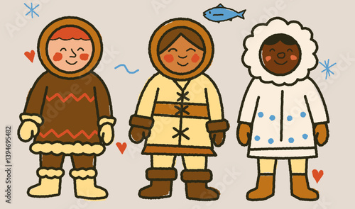 Three Arctic indigenous characters in traditional winter clothing, drawn in Naive Expressions style. Hand-drawn vector with playful elements like fish, hearts, and snowflakes on soft background.
