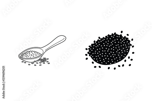 Black Sesame Seeds Illustration Spoonful Of Seeds Organic Ingredient Monochrome Design