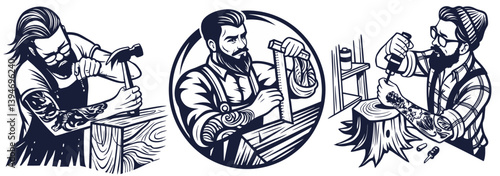 Carpenter hipster set with carpentry tool in hands for craft workshop. Craftsmans with tools for construction, carpentry and woodworking. Handmade, craftsmanship with woodcraft, repair work