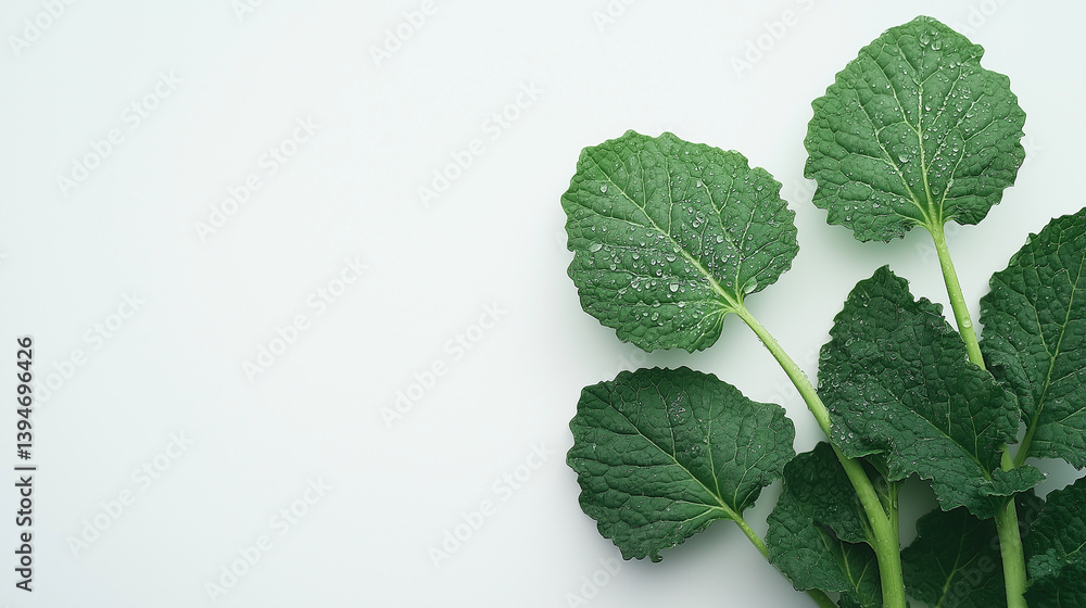 Studio photo of dewy kale leaves placed artfully toward the lower left corner over a clean white surface Studio photo of dewy kale leaves placed artfully toward the lower left corner over a clean white surface