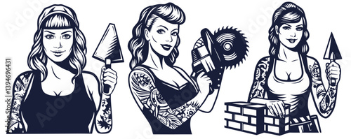 Builder hipster woman with tattoo and trowel, electric circular saw in hands for workshop. Silhouette worker with tools for construction, carpentry and build, repair work