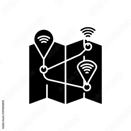 Black Icon of Digital Map with Route and Wifi Hotspots