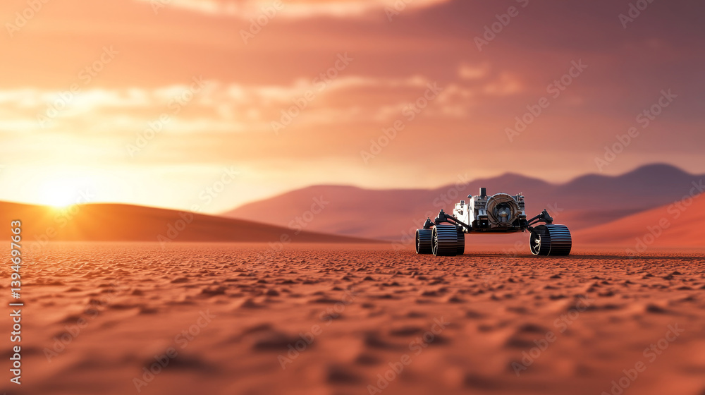 Fototapeta premium Martian Rover at Sunset - A robotic rover explores a Martian landscape during a breathtaking sunset. The red sand and distant mountains create a dramatic scene