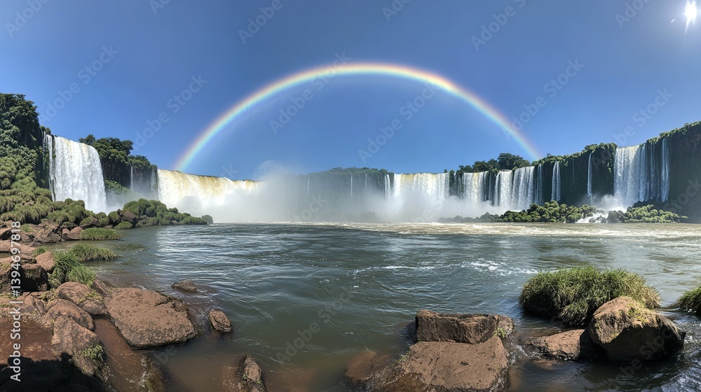 Majestic Iguazu Falls panorama with a vibrant rainbow arcing over the cascading water, showcasing the breathtaking power and beauty of nature. Majestic Iguazu Falls panorama with a vibrant rainbow arcing over the cascading water, showcasing the breathtaking power and beauty of nature.