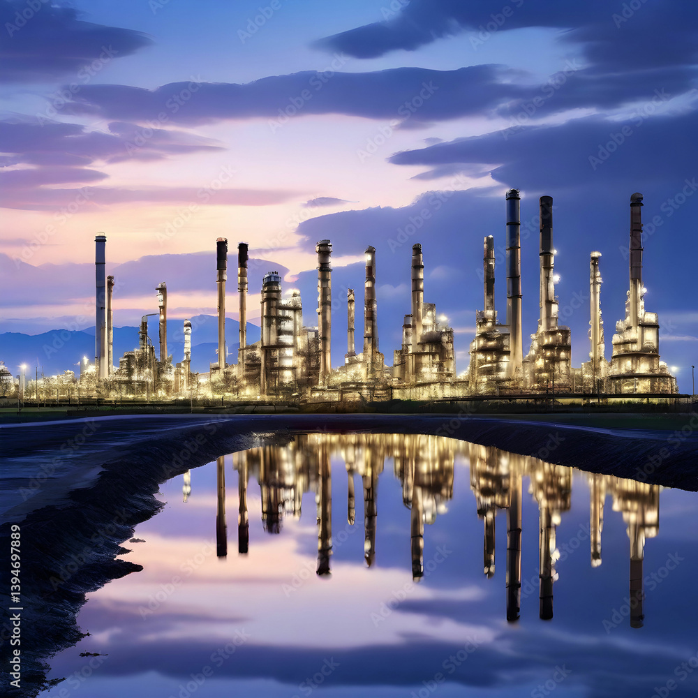 Naklejka premium Oil Refinery at Twilight with Reflections