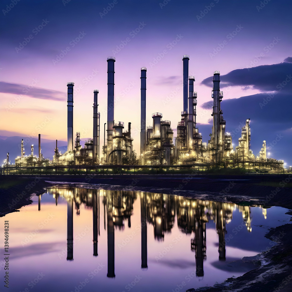 Obraz premium Oil Refinery at Twilight with Reflections