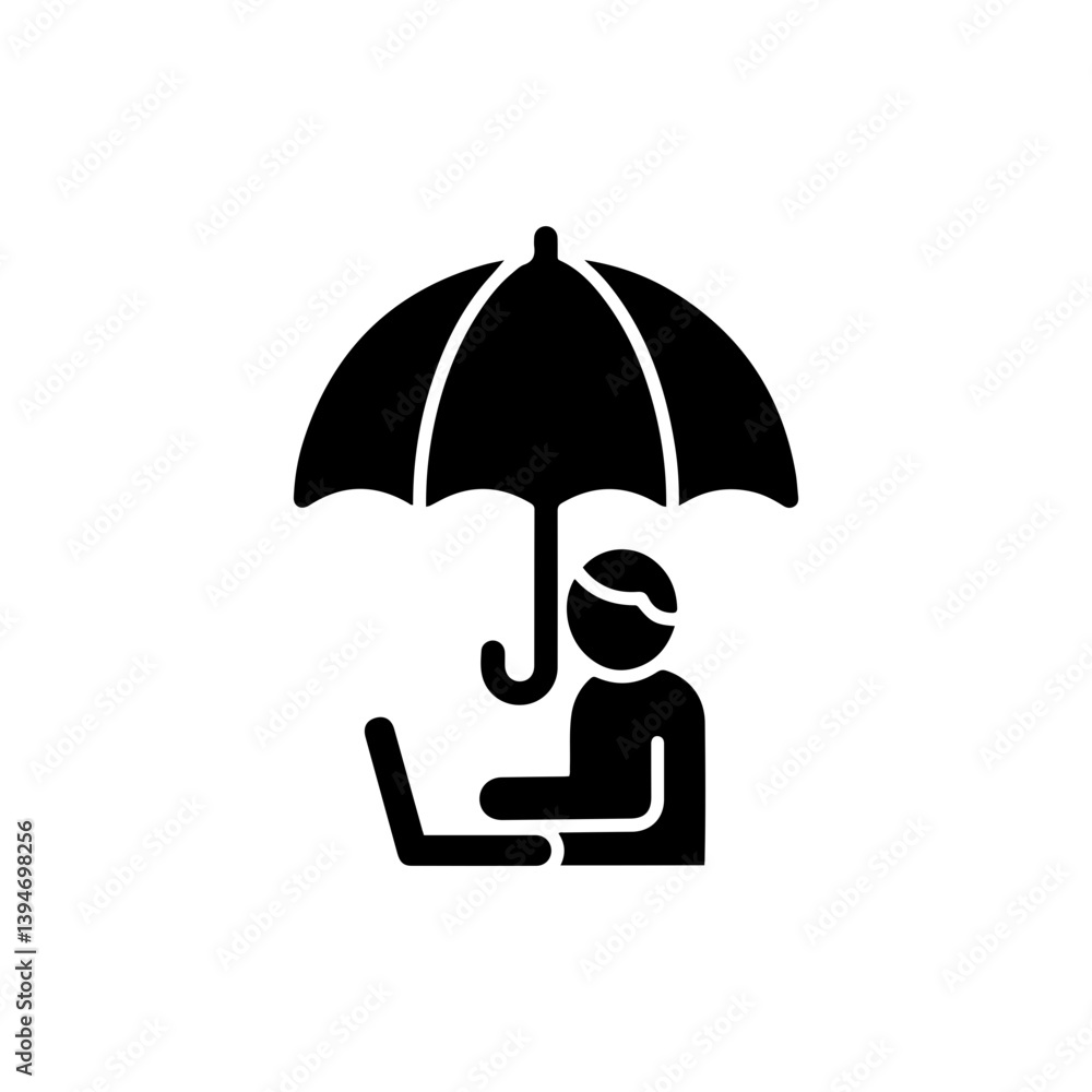Black Icon of Man Working Under Umbrella with Laptop Black Icon of Man Working Under Umbrella with Laptop