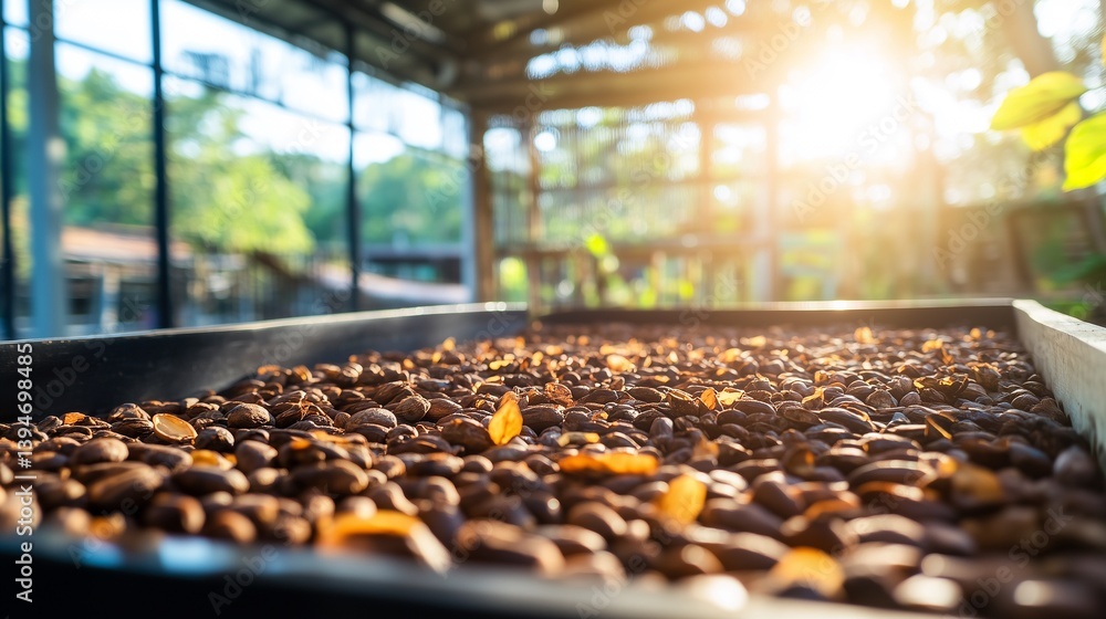 Fototapeta premium ripe cocoa pods and cocoa nibs with cocoa beans in the background, highlighting the raw materials for chocolate production.
