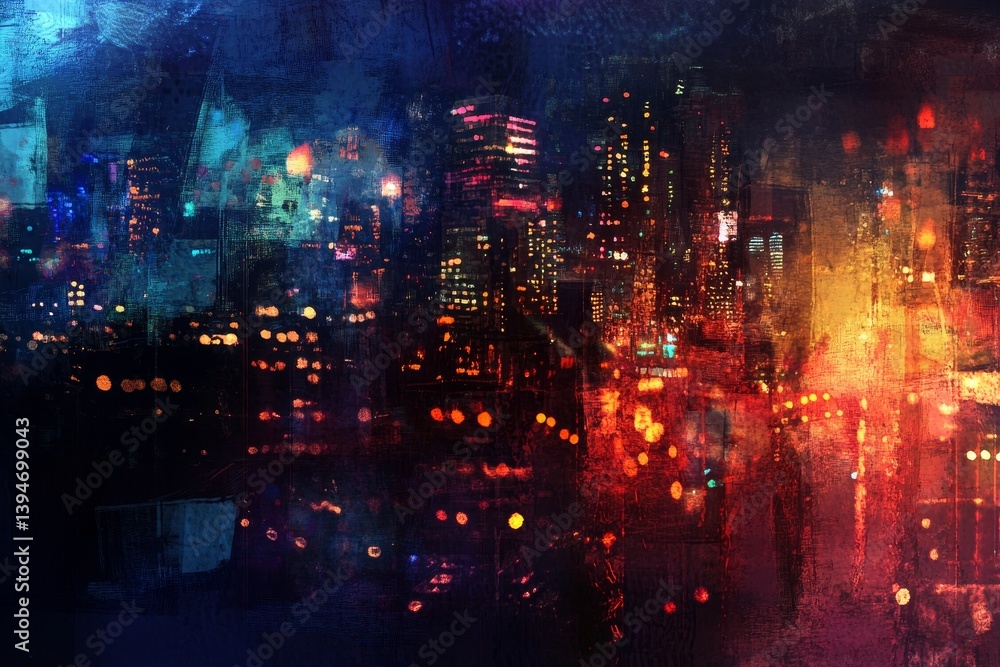 Fototapeta premium Night Cityscape Impression - Vibrant painting of a city at night, showcasing colorful lights and buildings with an impressionistic