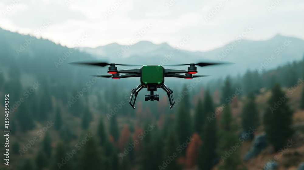 Healthcare Technology Innovation concept. Drone hovering over a mountainous forest landscape Healthcare Technology Innovation concept. Drone hovering over a mountainous forest landscape