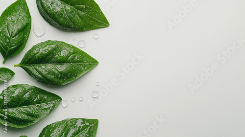 Crisp and fresh basil leaves with water droplets, neatly placed in the lower left corner on a white background