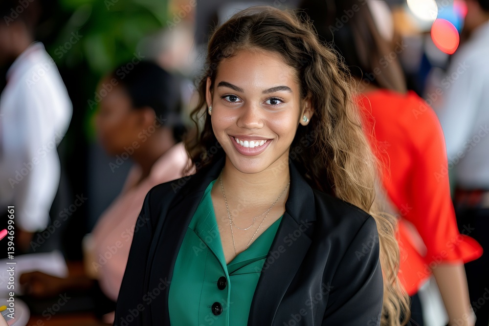 Obraz premium A woman in a green blouse and black jacket smiles for the camera