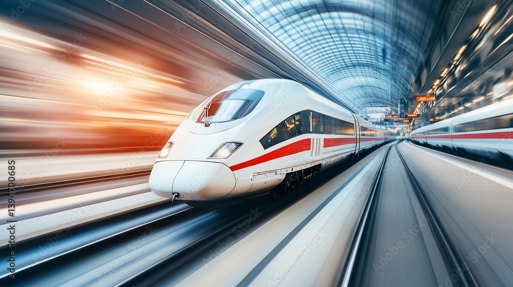 Fototapeta premium High-Speed Rail Transit: Blurred Motion in Modern Train Station