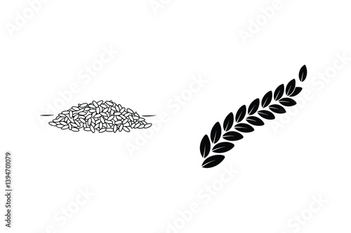 Minimalist Black And White Illustration Of Rice Pile And Rice Plant
