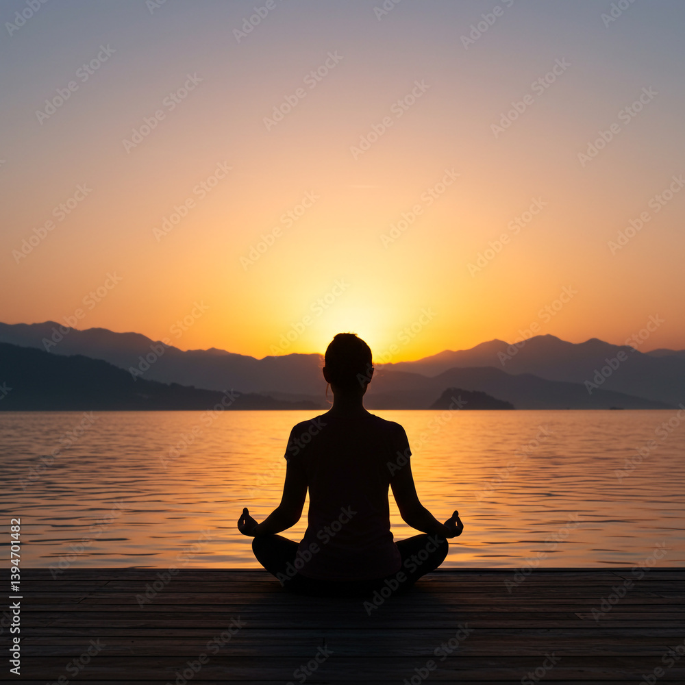 Silhouette of a Meditating Figure in Lotus Pose at Sunrise Over Water Silhouette of a Meditating Figure in Lotus Pose at Sunrise Over Water