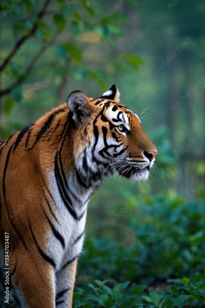 there is a tiger standing in the grass looking at something there is a tiger standing in the grass looking at something