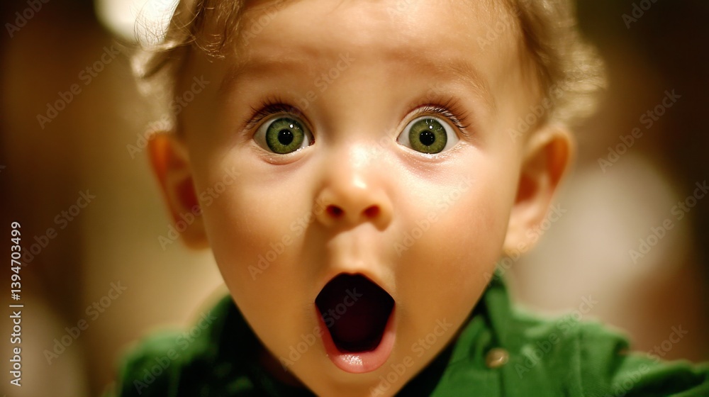Surprised baby with wide eyes and an open mouth expressing joy Surprised baby with wide eyes and an open mouth expressing joy