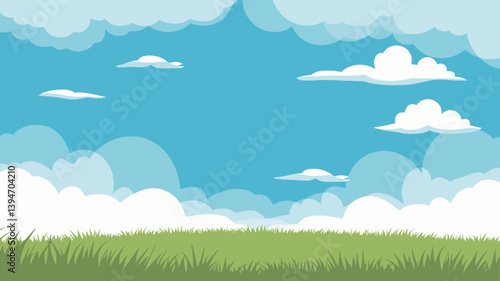 Sky and Meadow: A picturesque, cartoonish landscape featuring a clear blue sky dotted with fluffy clouds, complemented by a lush green meadow in the foreground, inviting a sense of calm and freedom.