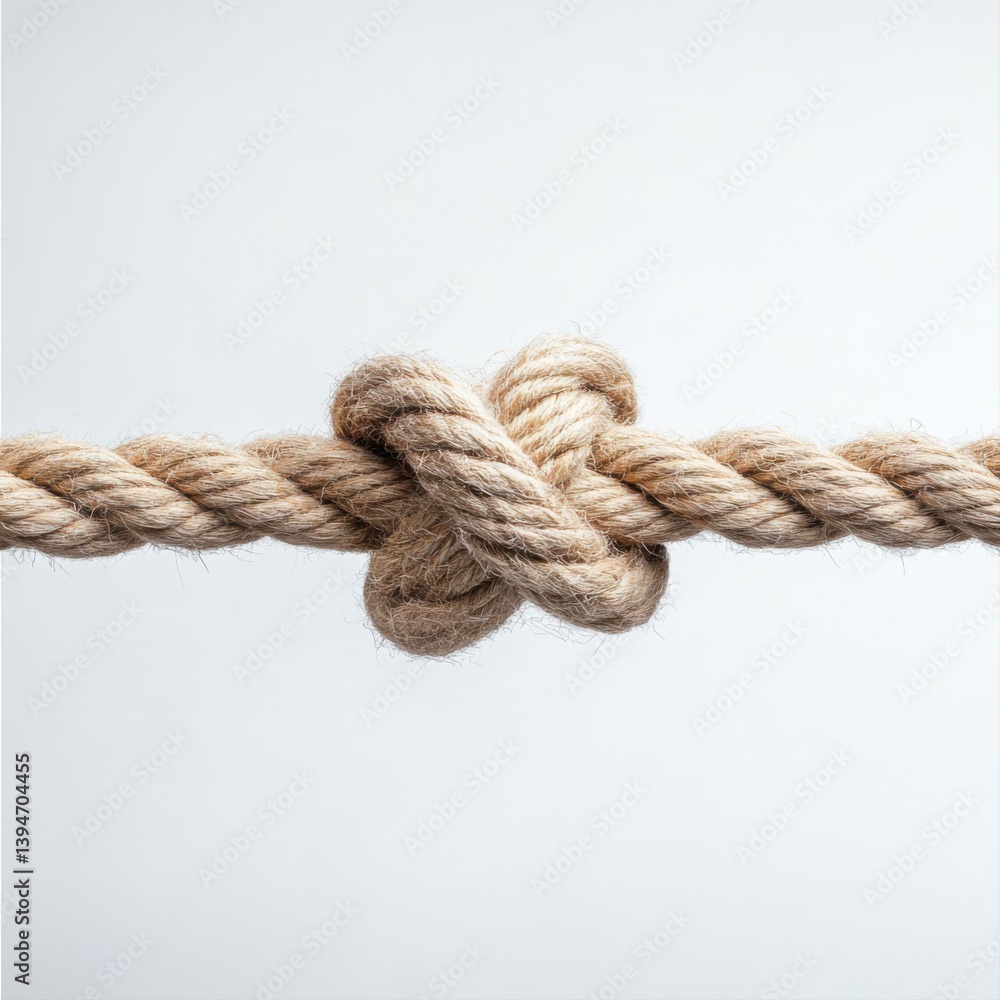 Close-up of a twisted knot on a natural fiber rope against a neutral textured background Close-up of a twisted knot on a natural fiber rope against a neutral textured background