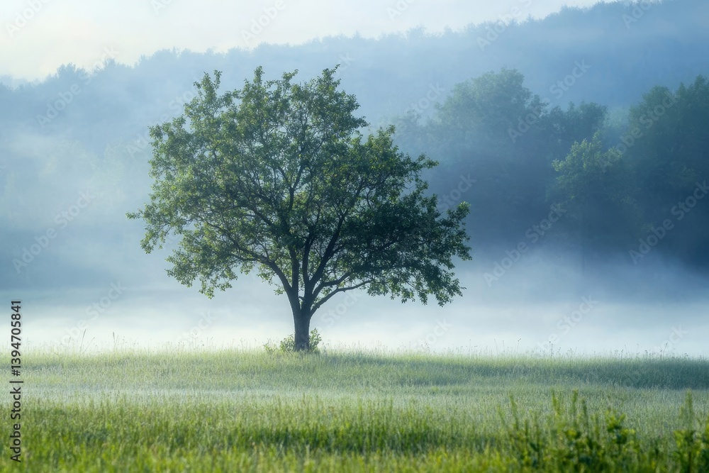 Fototapeta premium Solitary Tree in Misty Meadow - A single tree stands alone in a misty meadow, symbolizing peace, solitude, resilience, hope