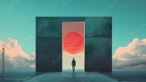 Man Walking Through Gate to Abstract Sunset