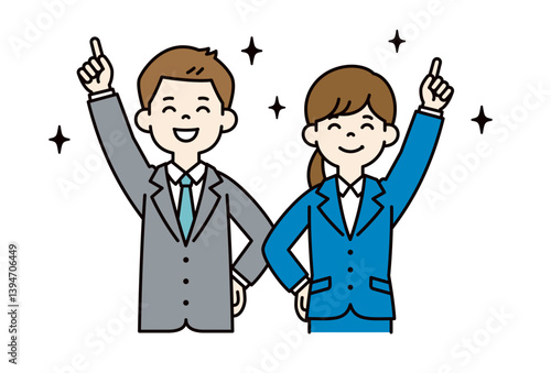 目標達成を喜ぶ、若い男女の会社員のベクターイラスト素材＿＿線の編集可能＿カラー