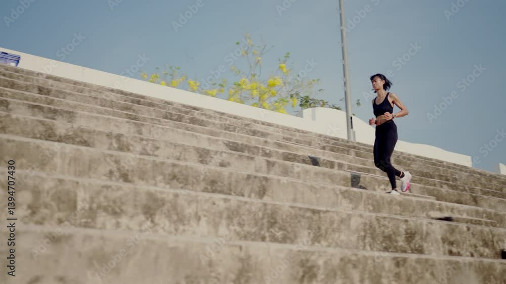 A woman is running up a set of stairs. She is wearing a black shirt and black pants A woman is running up a set of stairs. She is wearing a black shirt and black pants
