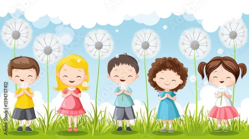 Children playing outside in dusty landscape colorful illustration cheerful environment joyful scene