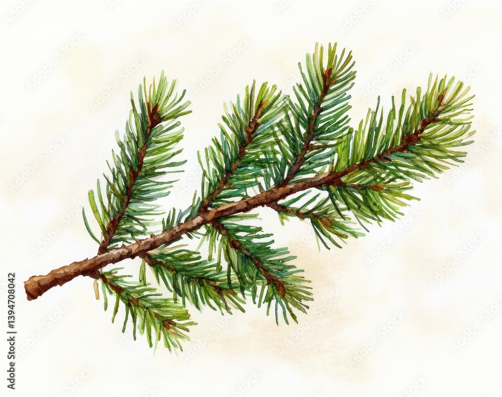 Watercolor Botanical Illustration of Larch Tree Branch with Soft Pastel Background Watercolor Botanical Illustration of Larch Tree Branch with Soft Pastel Background
