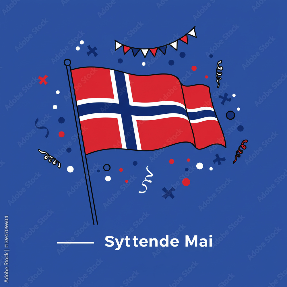 Animated Waving Norwegian Flag with Bunting and Bursting Confetti