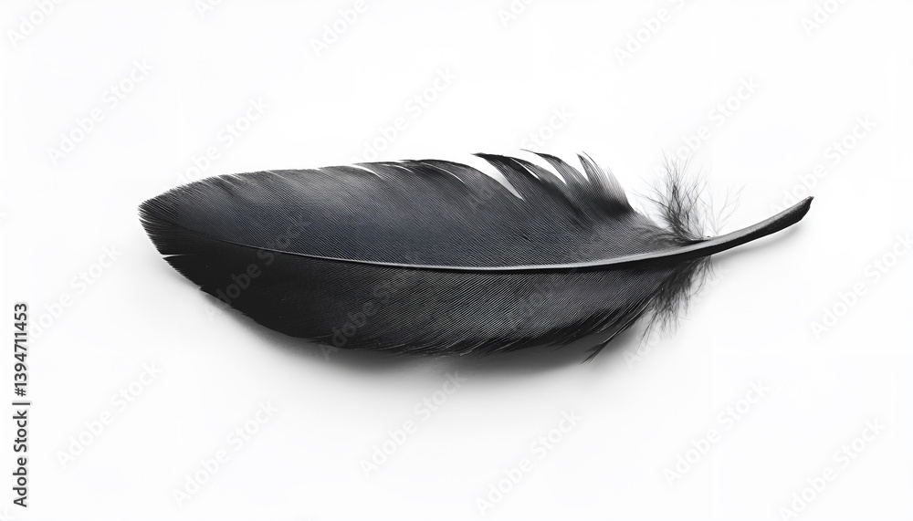 Beautiful black bird feather isolated on white, top view Beautiful black bird feather isolated on white, top view