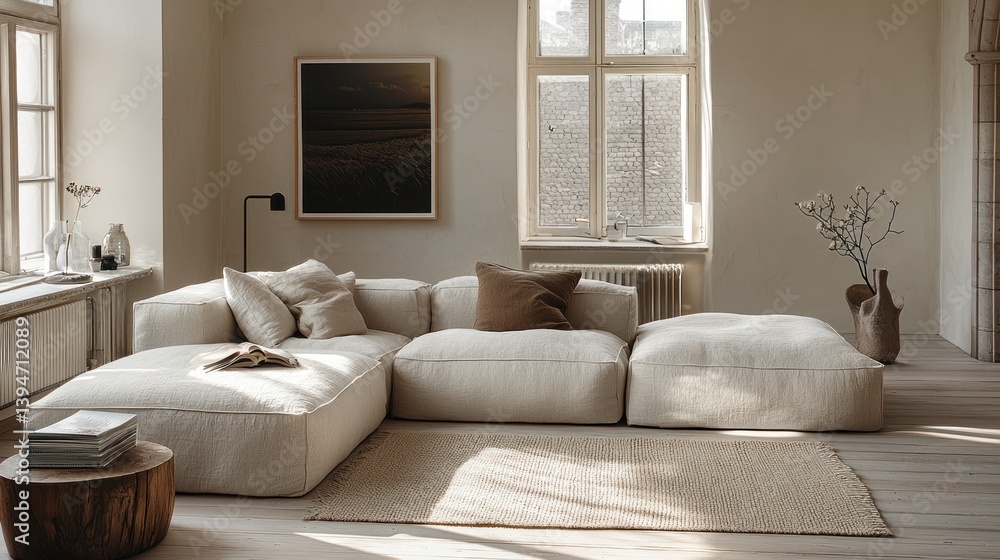 Fototapeta premium Beige living room with sectional sofa