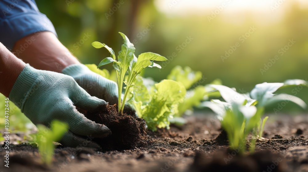 Close-up of hands planting young vegetables in the garden, with copy space Close-up of hands planting young vegetables in the garden, with copy space
