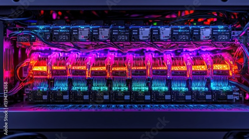 Wallpaper Mural Vibrant illuminated server rack interior showcasing intricate circuitry, neon lighting, and technological components.  Ideal for tech, data center, and futuristic themes. Torontodigital.ca