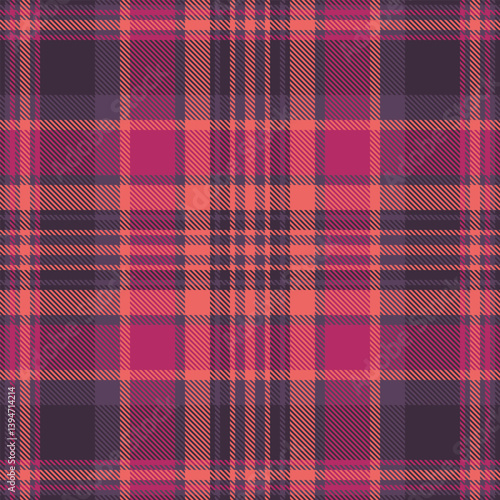 Modern textile background seamless, halftone plaid fabric check. Scrap texture vector tartan pattern in purple and dark colors.