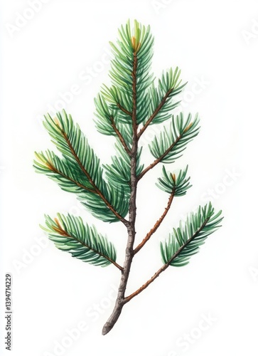 Botanical Illustration of a Pine Branch in Vintage Style with Watercolor Shading
