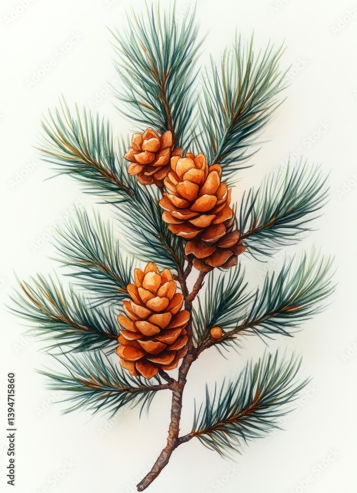Fototapeta premium Botanical Illustration of Pine Tree Branch Watercolor on White Background