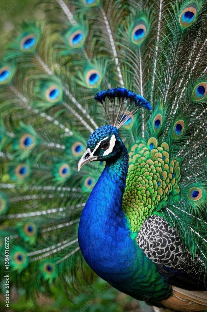 peacock with blue feathers and green tail feathers standing in front of a bush peacock with blue feathers and green tail feathers standing in front of a bush
