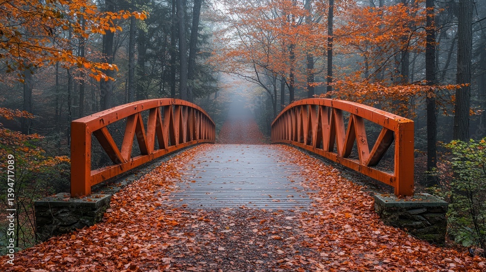 Obraz premium Autumnal bridge through misty forest