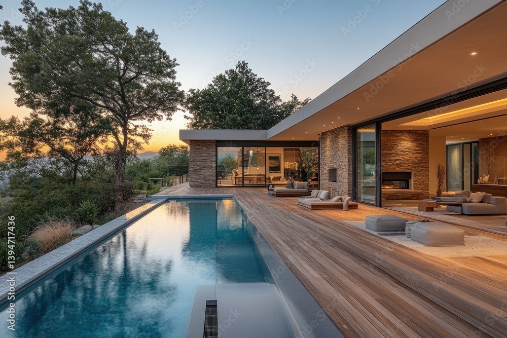 Fototapeta premium Modern House with Swimming Pool and Wooden Deck in Serene Garden Setting