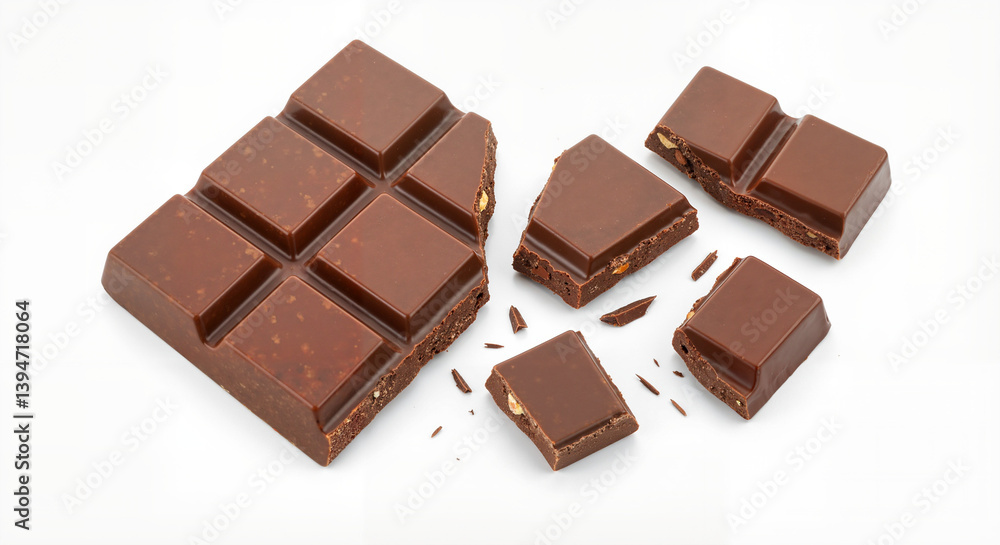Fototapeta premium Chocolate bar broken into pieces against a white background
