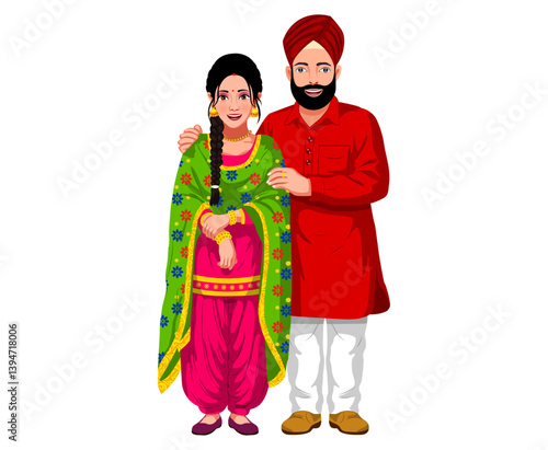 Indian Punjabi Couple In Traditional Costume Cartoon Character Vector Illustration
