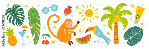 Summer hand drawn crayon icons set. Tropical vacation collection elements. Monkey, parrot, monstera leaves. Vector flat illustration