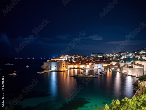 Nighttime View of the City of Dubrovnik, Croatia