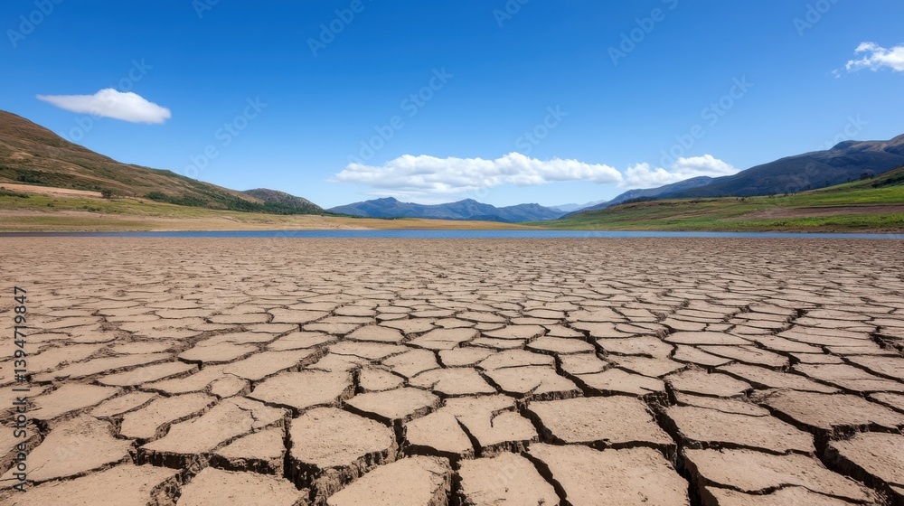 Fototapeta premium Cracked Earth and Beautiful Landscape with Clear Blue Sky and Mountains in the Background on a Sunny Day