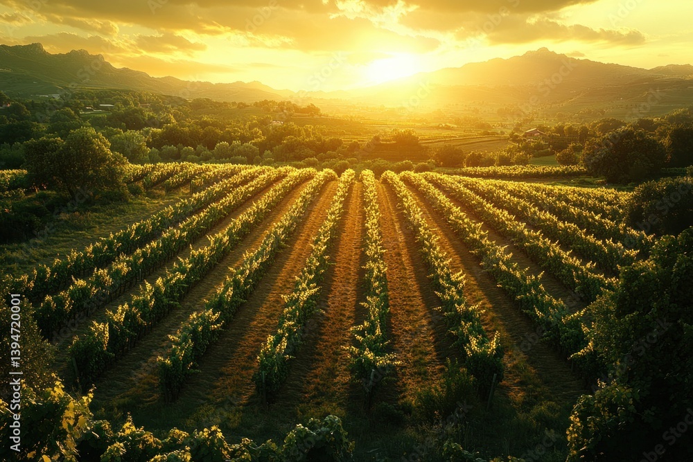 Fototapeta premium Aerial View of Vineyard Landscape at Golden Hour with Long Shadows and Wide Angle Perspective